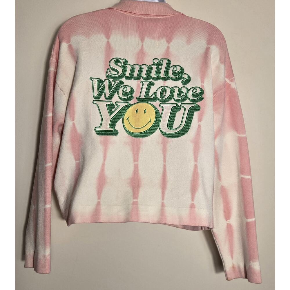 Sandro Emmery Crop Button Cardigan Smile We Love You Pink Ivory Tye Dye Size XL